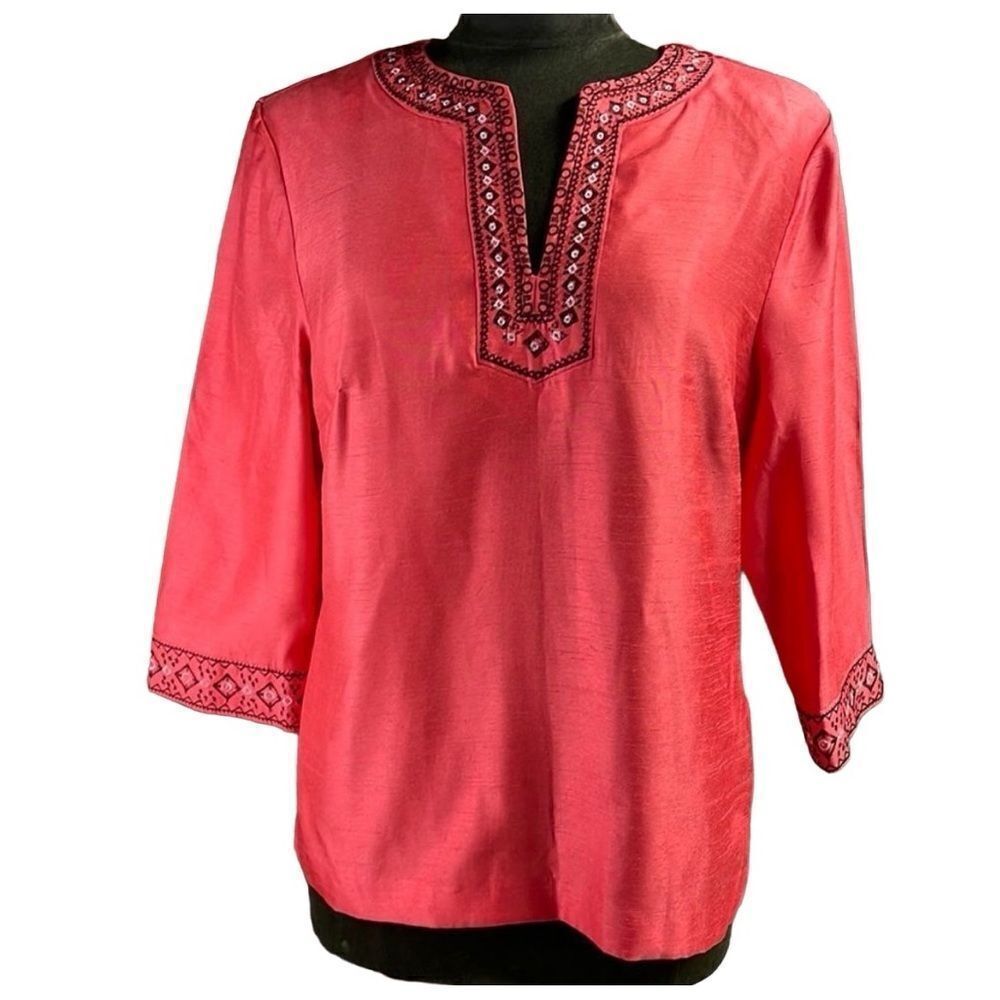 Sag Harbor Ladies Dress Top Blouse Coral with Brown and White Embroidery SZ 12